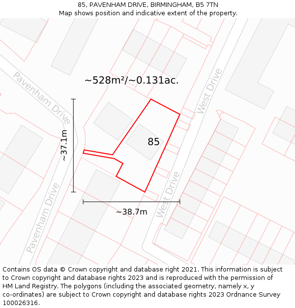 85, PAVENHAM DRIVE, BIRMINGHAM, B5 7TN: Plot and title map