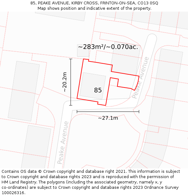 85, PEAKE AVENUE, KIRBY CROSS, FRINTON-ON-SEA, CO13 0SQ: Plot and title map