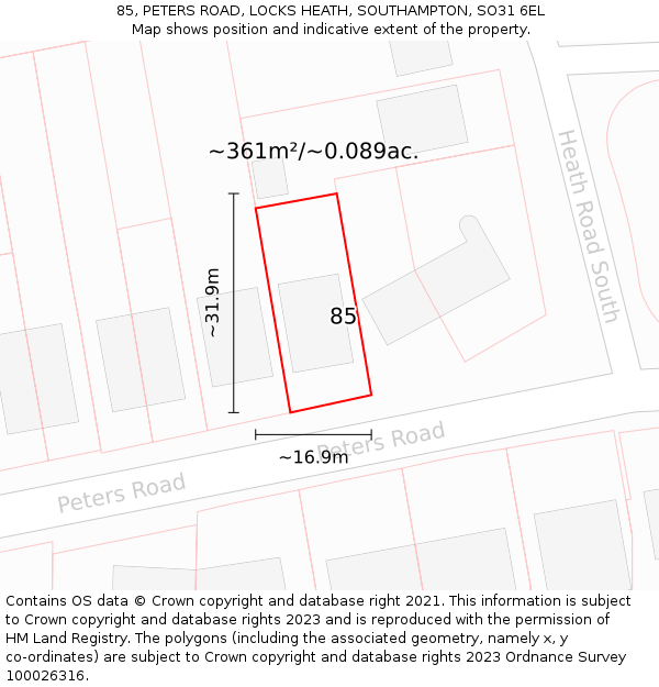 85, PETERS ROAD, LOCKS HEATH, SOUTHAMPTON, SO31 6EL: Plot and title map