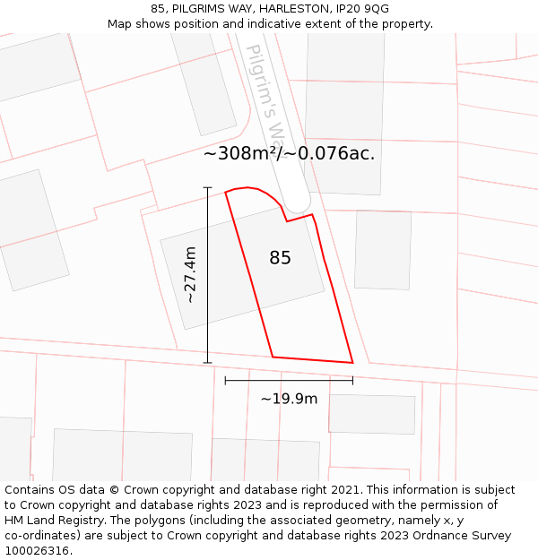 85, PILGRIMS WAY, HARLESTON, IP20 9QG: Plot and title map