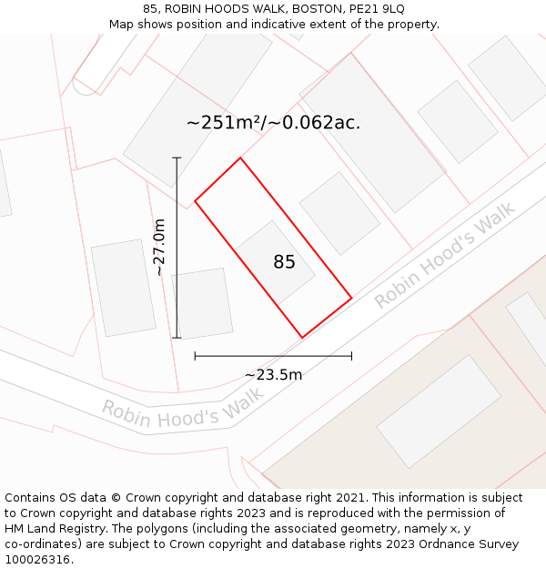 85, ROBIN HOODS WALK, BOSTON, PE21 9LQ: Plot and title map