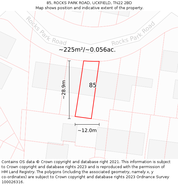 85, ROCKS PARK ROAD, UCKFIELD, TN22 2BD: Plot and title map