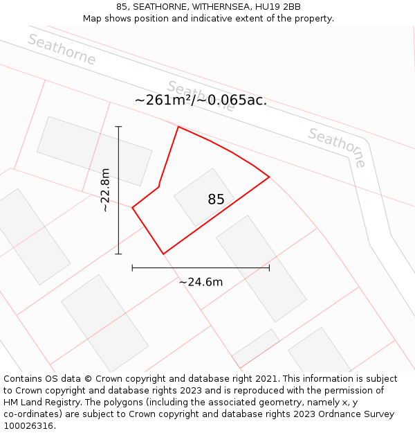 85, SEATHORNE, WITHERNSEA, HU19 2BB: Plot and title map