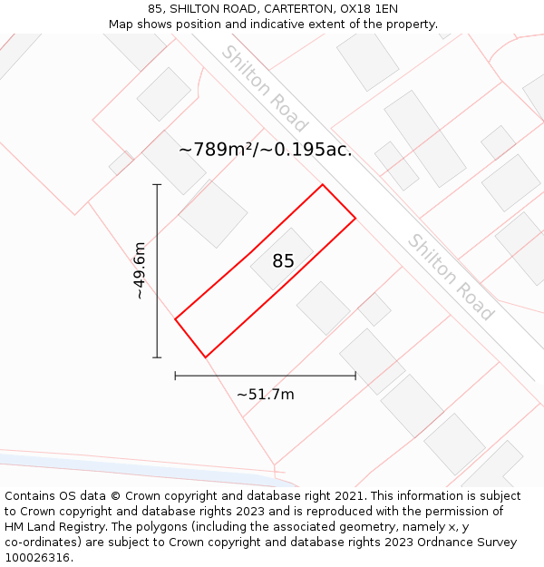 85, SHILTON ROAD, CARTERTON, OX18 1EN: Plot and title map