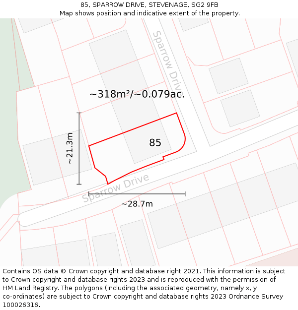 85, SPARROW DRIVE, STEVENAGE, SG2 9FB: Plot and title map