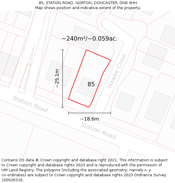 85, STATION ROAD, NORTON, DONCASTER, DN6 9HH: Plot and title map