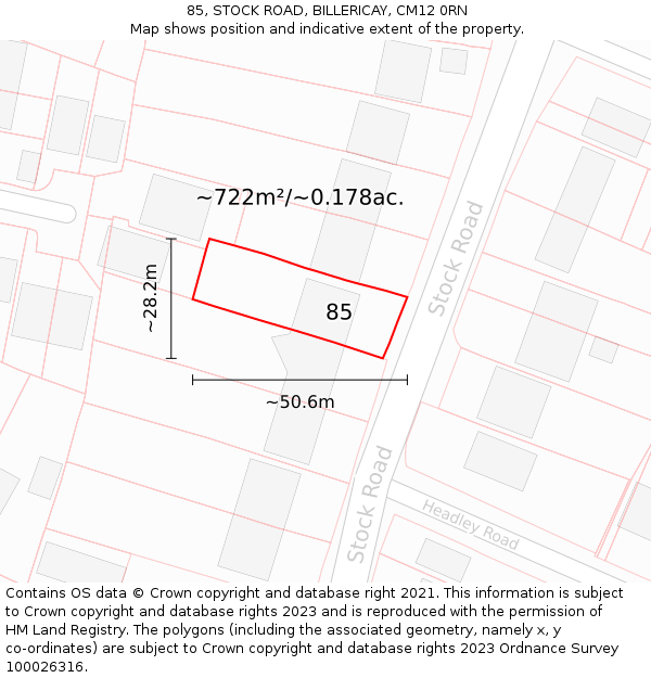 85, STOCK ROAD, BILLERICAY, CM12 0RN: Plot and title map