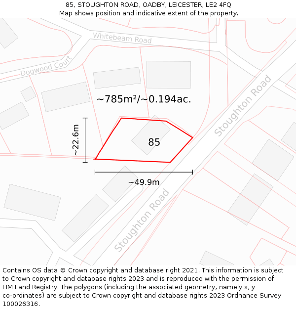 85, STOUGHTON ROAD, OADBY, LEICESTER, LE2 4FQ: Plot and title map
