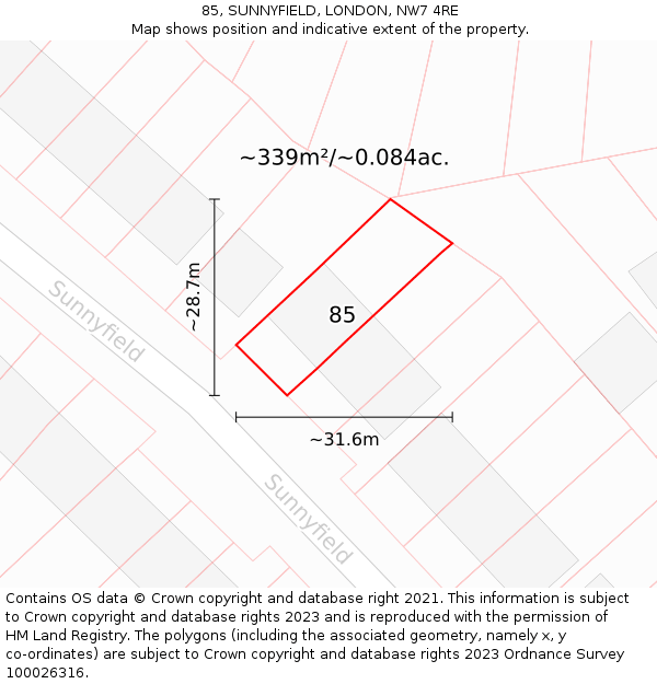 85, SUNNYFIELD, LONDON, NW7 4RE: Plot and title map