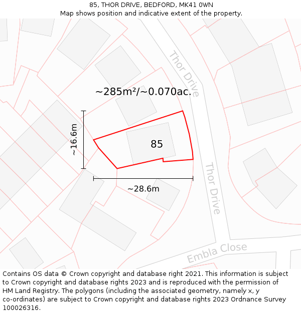 85, THOR DRIVE, BEDFORD, MK41 0WN: Plot and title map