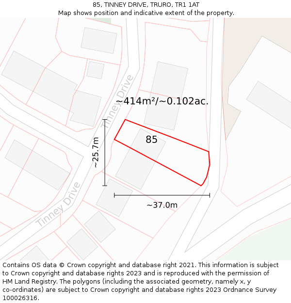 85, TINNEY DRIVE, TRURO, TR1 1AT: Plot and title map