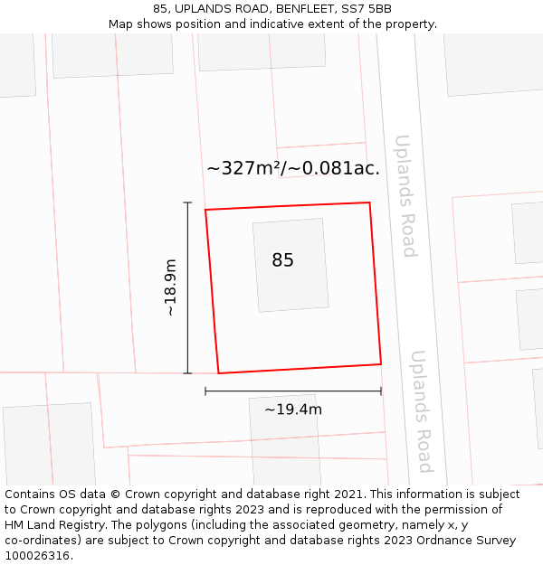 85, UPLANDS ROAD, BENFLEET, SS7 5BB: Plot and title map