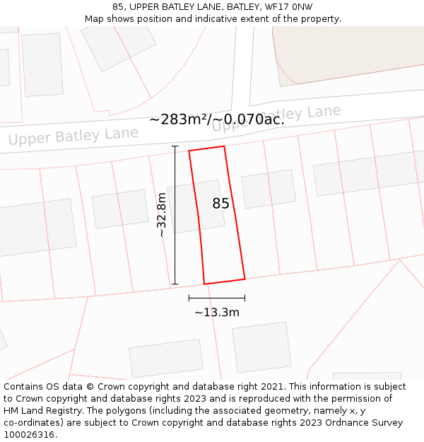 85, UPPER BATLEY LANE, BATLEY, WF17 0NW: Plot and title map