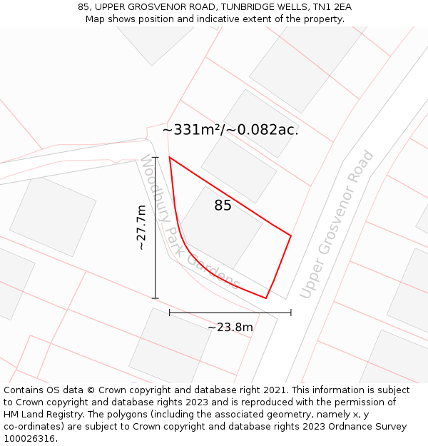 85, UPPER GROSVENOR ROAD, TUNBRIDGE WELLS, TN1 2EA: Plot and title map