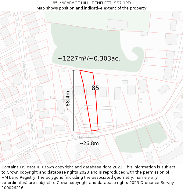 85, VICARAGE HILL, BENFLEET, SS7 1PD: Plot and title map