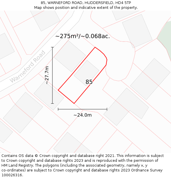 85, WARNEFORD ROAD, HUDDERSFIELD, HD4 5TP: Plot and title map