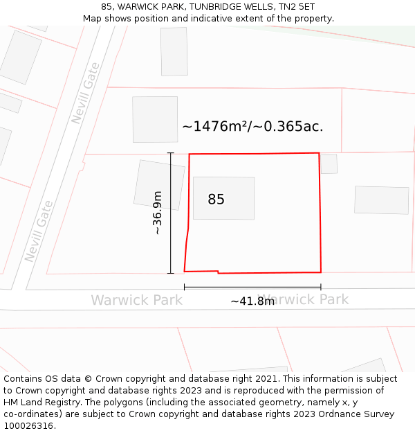 85, WARWICK PARK, TUNBRIDGE WELLS, TN2 5ET: Plot and title map