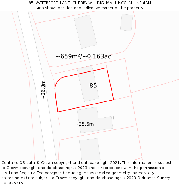 85, WATERFORD LANE, CHERRY WILLINGHAM, LINCOLN, LN3 4AN: Plot and title map