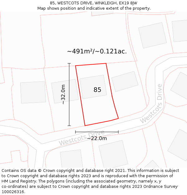 85, WESTCOTS DRIVE, WINKLEIGH, EX19 8JW: Plot and title map