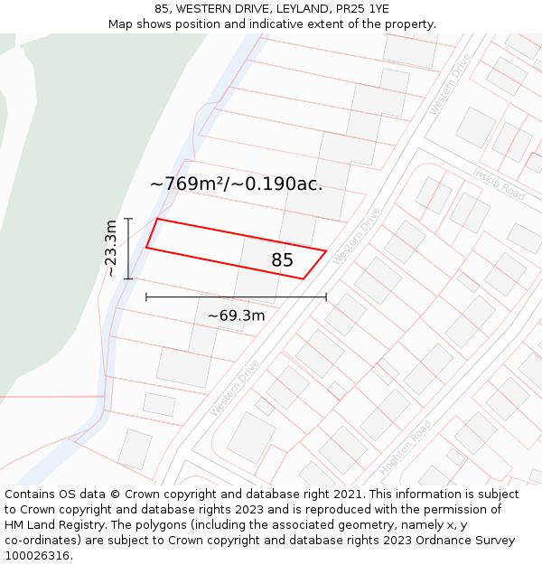 85, WESTERN DRIVE, LEYLAND, PR25 1YE: Plot and title map