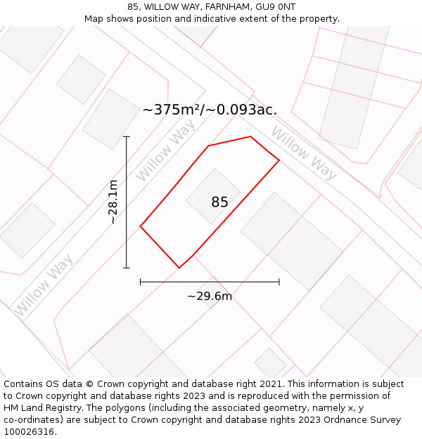 85, WILLOW WAY, FARNHAM, GU9 0NT: Plot and title map