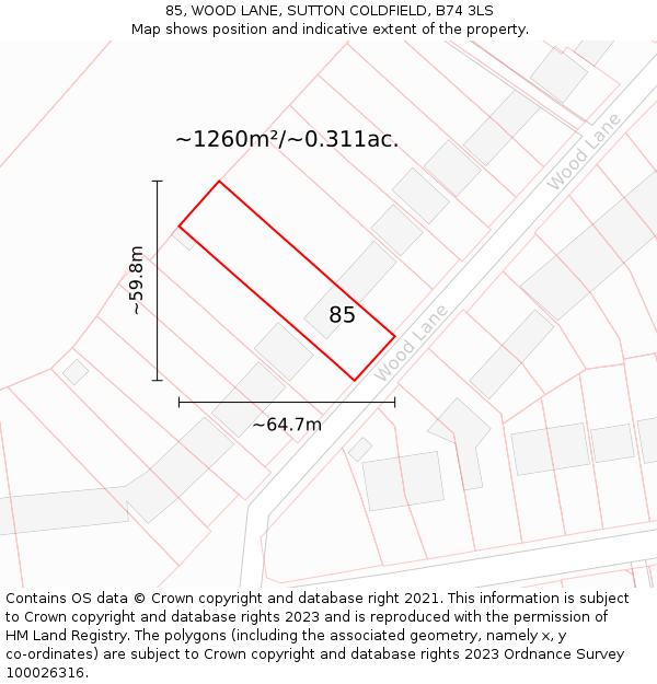 85, WOOD LANE, SUTTON COLDFIELD, B74 3LS: Plot and title map