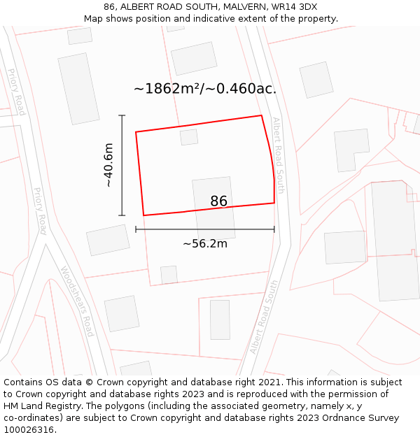 86, ALBERT ROAD SOUTH, MALVERN, WR14 3DX: Plot and title map