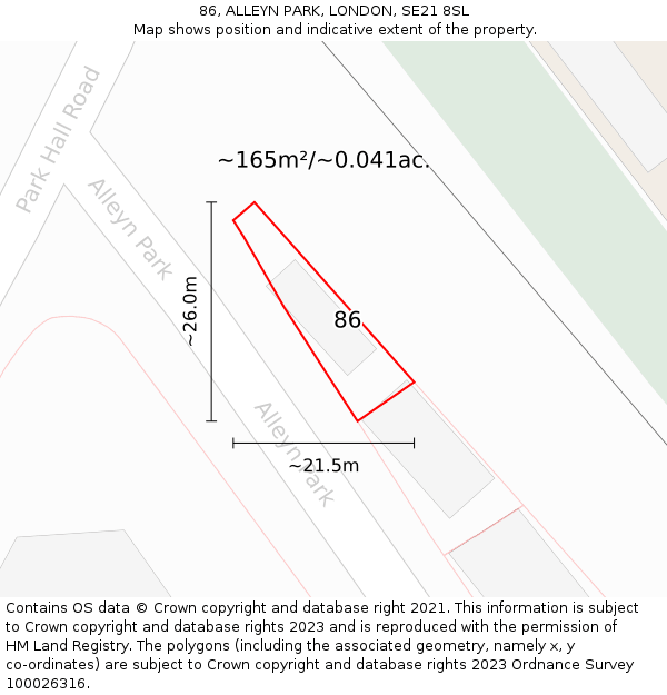 86, ALLEYN PARK, LONDON, SE21 8SL: Plot and title map