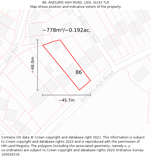 86, ANDLERS ASH ROAD, LISS, GU33 7LR: Plot and title map