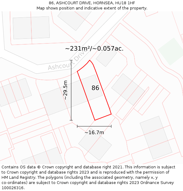 86, ASHCOURT DRIVE, HORNSEA, HU18 1HF: Plot and title map