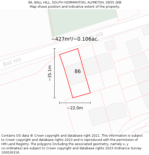 86, BALL HILL, SOUTH NORMANTON, ALFRETON, DE55 2EB: Plot and title map