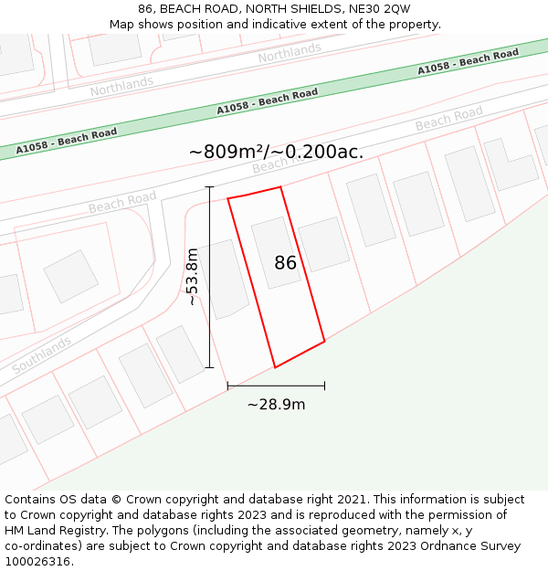 86, BEACH ROAD, NORTH SHIELDS, NE30 2QW: Plot and title map