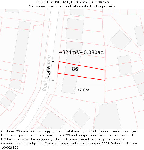 86, BELLHOUSE LANE, LEIGH-ON-SEA, SS9 4PQ: Plot and title map
