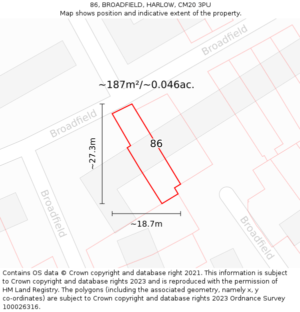 86, BROADFIELD, HARLOW, CM20 3PU: Plot and title map