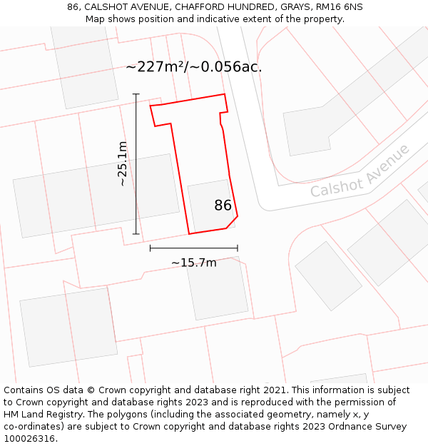 86, CALSHOT AVENUE, CHAFFORD HUNDRED, GRAYS, RM16 6NS: Plot and title map