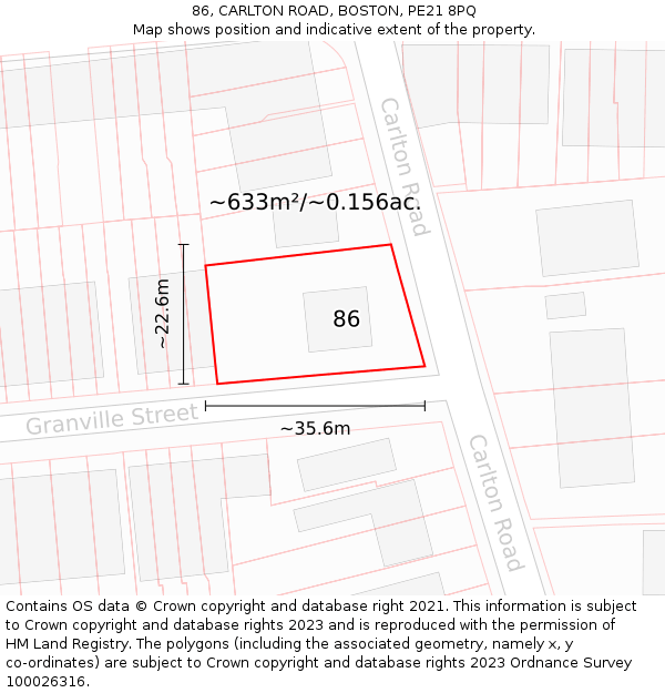 86, CARLTON ROAD, BOSTON, PE21 8PQ: Plot and title map