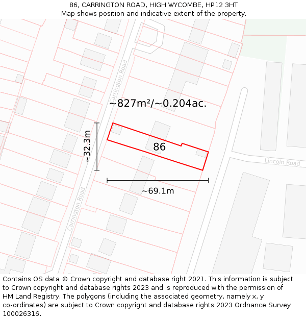 86, CARRINGTON ROAD, HIGH WYCOMBE, HP12 3HT: Plot and title map