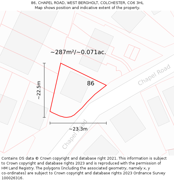 86, CHAPEL ROAD, WEST BERGHOLT, COLCHESTER, CO6 3HL: Plot and title map