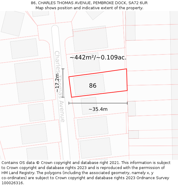 86, CHARLES THOMAS AVENUE, PEMBROKE DOCK, SA72 6UR: Plot and title map