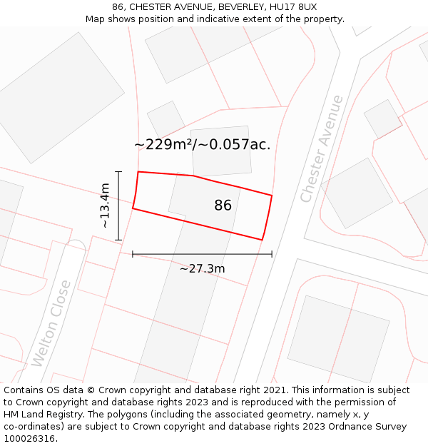 86, CHESTER AVENUE, BEVERLEY, HU17 8UX: Plot and title map