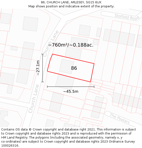 86, CHURCH LANE, ARLESEY, SG15 6UX: Plot and title map