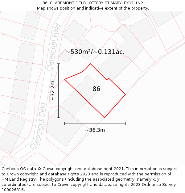 86, CLAREMONT FIELD, OTTERY ST MARY, EX11 1NP: Plot and title map