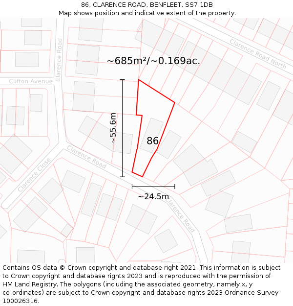 86, CLARENCE ROAD, BENFLEET, SS7 1DB: Plot and title map