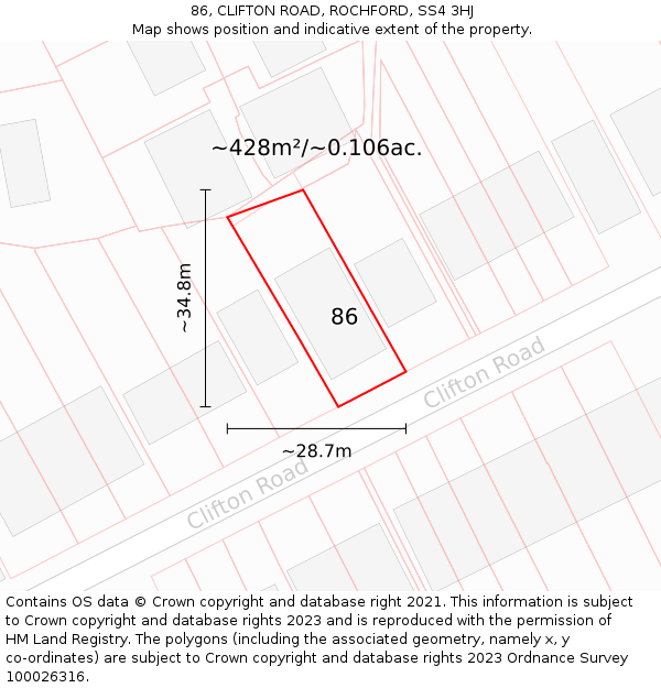 86, CLIFTON ROAD, ROCHFORD, SS4 3HJ: Plot and title map