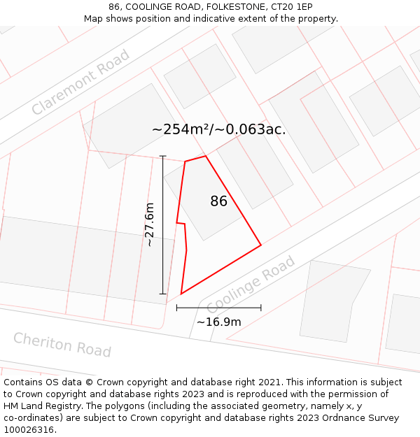 86, COOLINGE ROAD, FOLKESTONE, CT20 1EP: Plot and title map