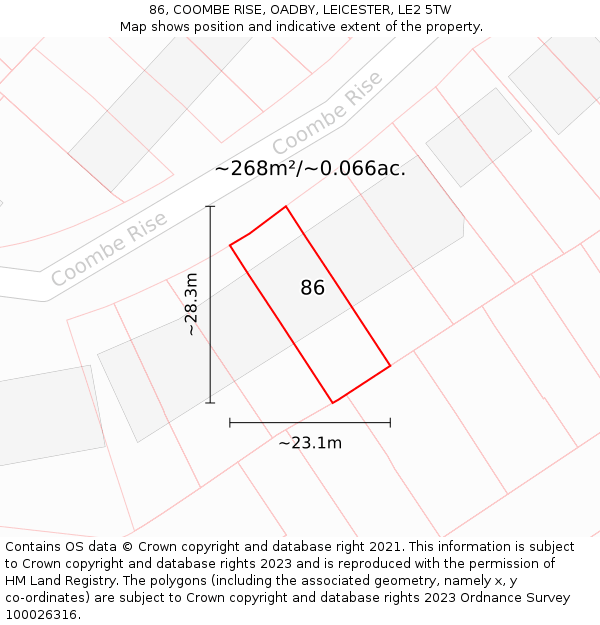 86, COOMBE RISE, OADBY, LEICESTER, LE2 5TW: Plot and title map