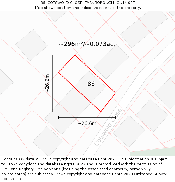 86, COTSWOLD CLOSE, FARNBOROUGH, GU14 9ET: Plot and title map