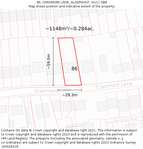 86, CRANMORE LANE, ALDERSHOT, GU11 3BB: Plot and title map