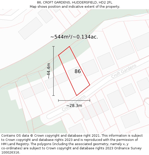 86, CROFT GARDENS, HUDDERSFIELD, HD2 2FL: Plot and title map