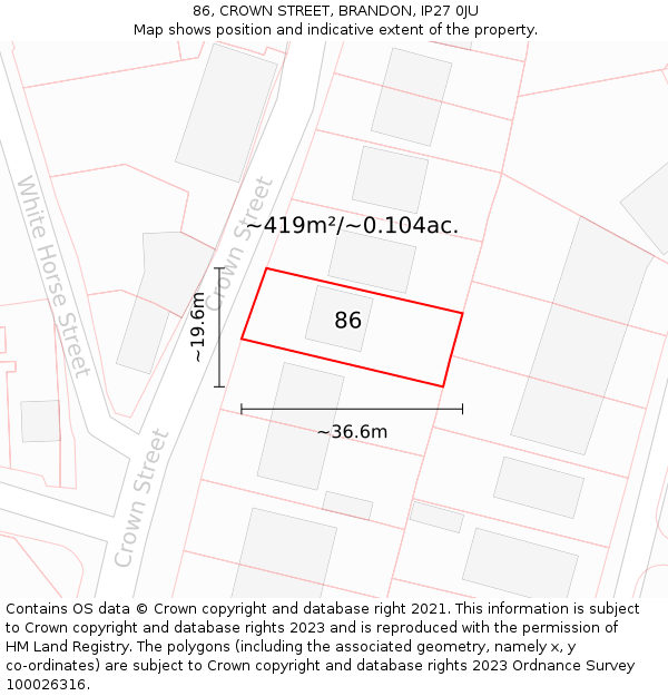 86, CROWN STREET, BRANDON, IP27 0JU: Plot and title map